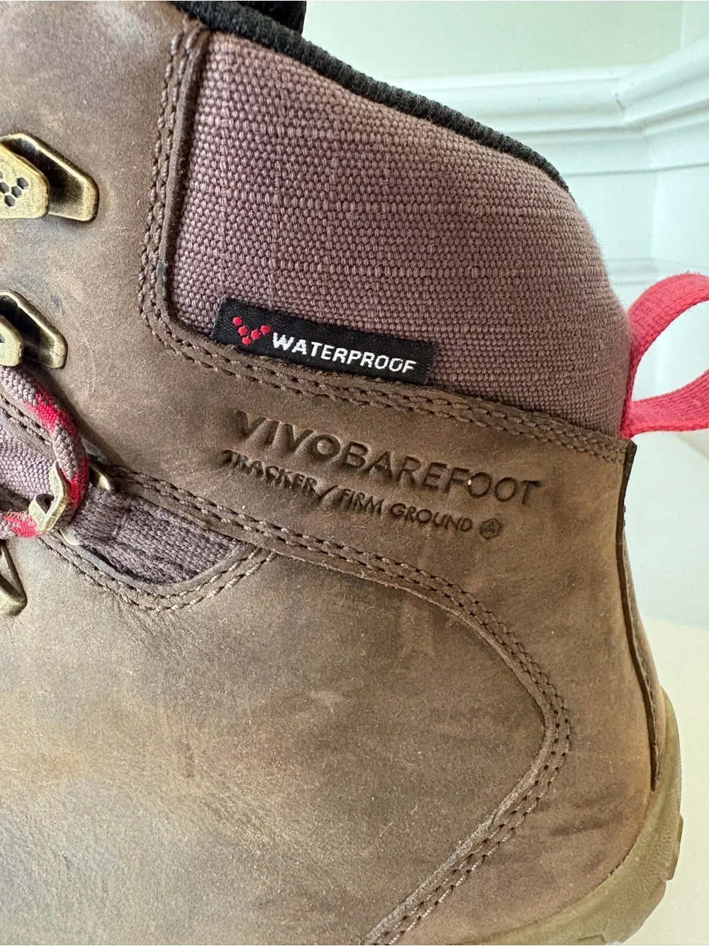Vivo barefoot Men’s Brown Leather Hiking Boots with Red Accents
